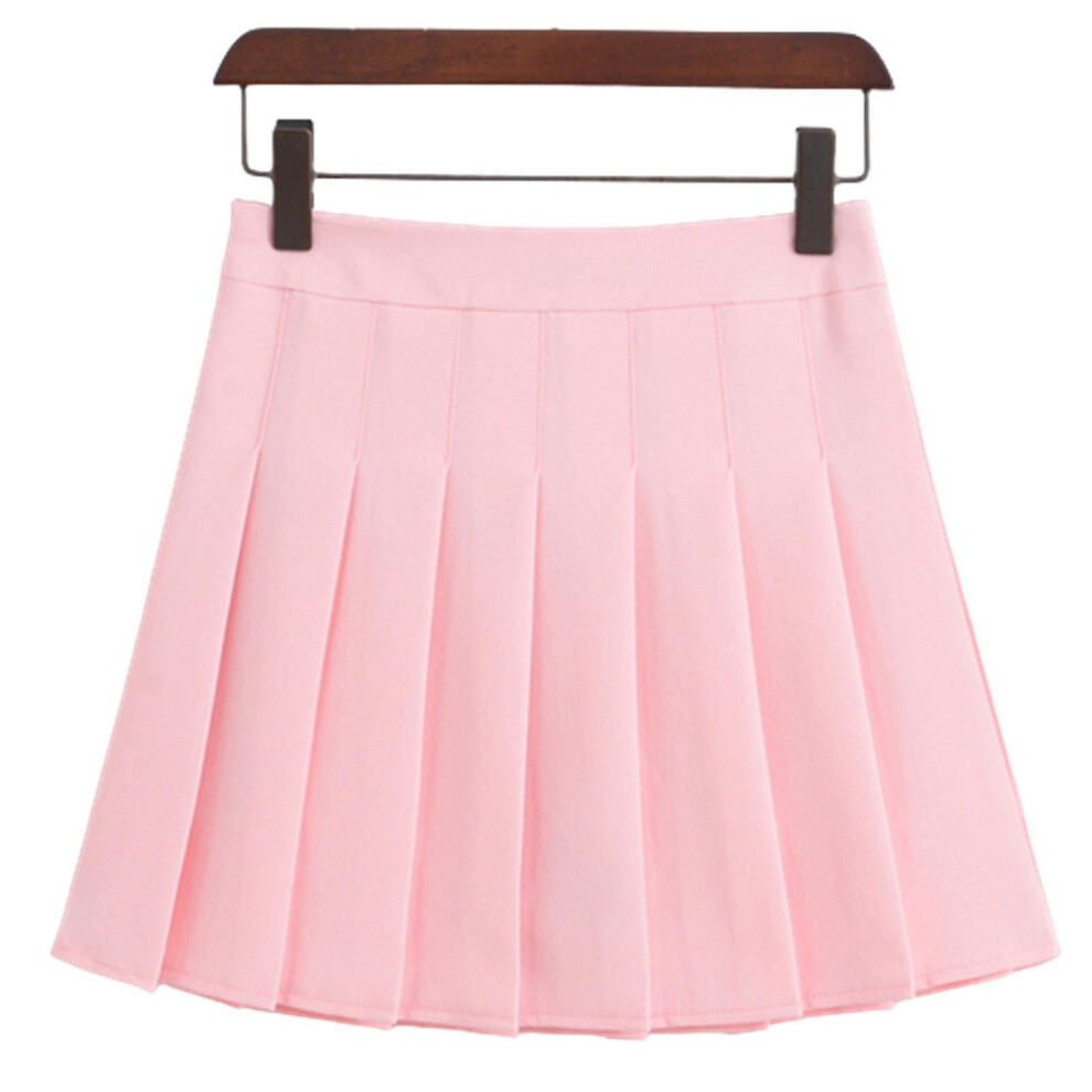 (S,Pink Skirt Pants)Girls Women High Waisted Plain Pleated Skirt Skater Tennis School Uniforms A-line Mini Skirt With