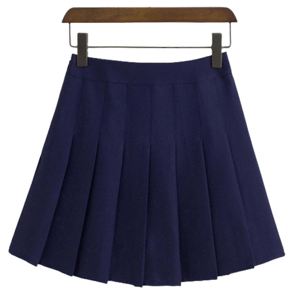 (L,Tibetan Blue)Girls Women High Waisted Plain Pleated Skirt Skater Tennis School Uniforms A-line Mini Skirt With