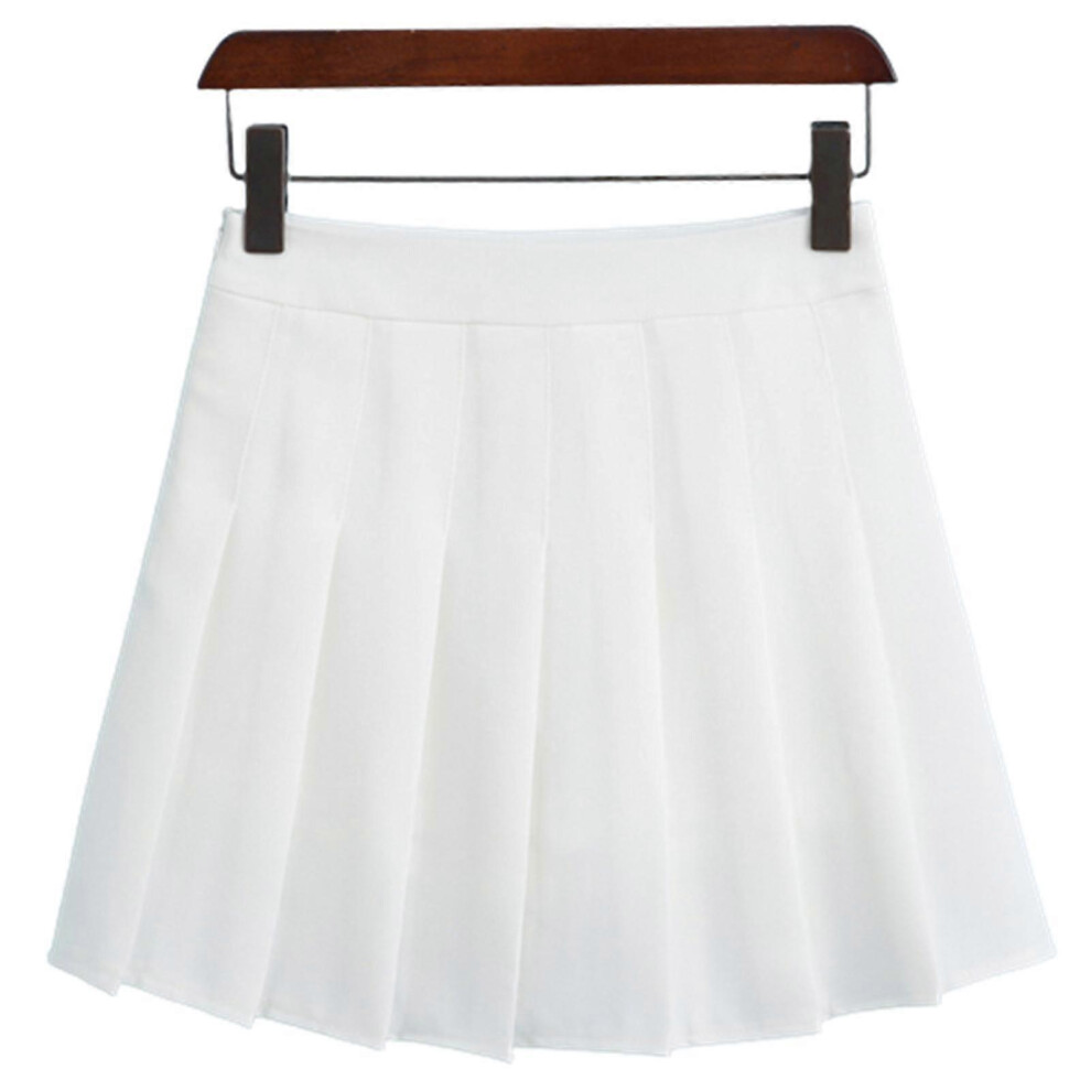 (L,White Skirt Pants)Girls Women High Waisted Plain Pleated Skirt Skater Tennis School Uniforms A-line Mini Skirt With