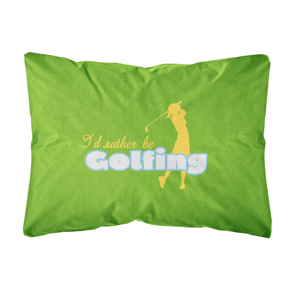 Les tr   sors de Caroline   :       Je pr   f   rerais jouer au golf      , coussin d   coratif en toile verte, grand format, multicolore.