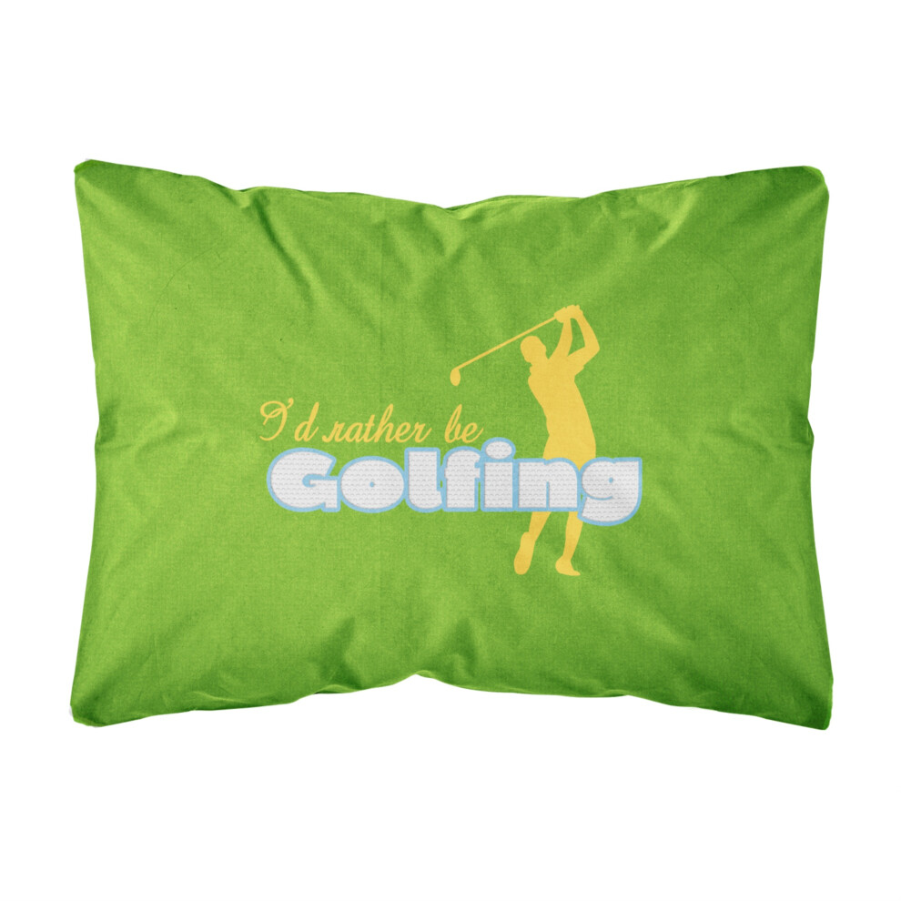 Les tr   sors de Caroline   :       Je pr   f   rerais jouer au golf      , coussin d   coratif en toile verte, grand format, multicolore.
