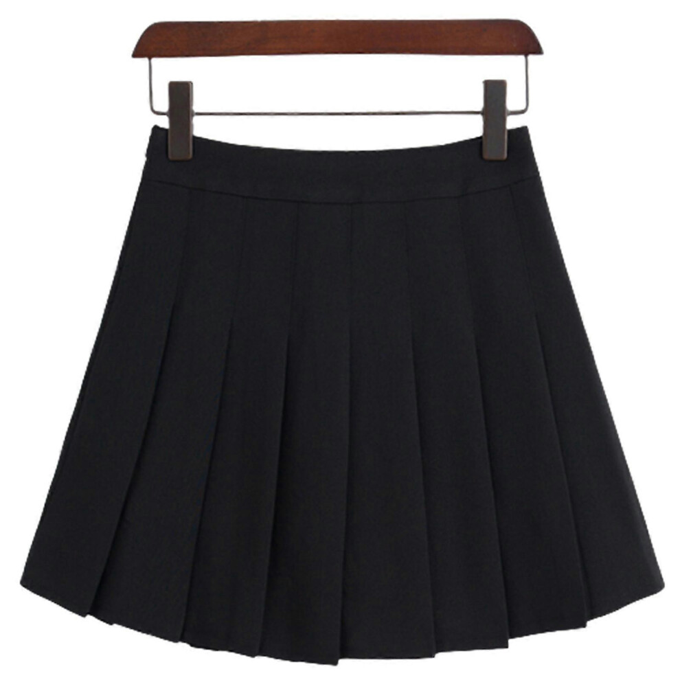 (S,Black Skirt Pants)Girls Women High Waisted Plain Pleated Skirt Skater Tennis School Uniforms A-line Mini Skirt With