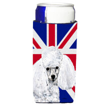 Valkoinen leluvillakoira, jossa on englantilainen Union Jack British Flag Ultra -juomaeriste ohuille tölkeille SC9886MUK