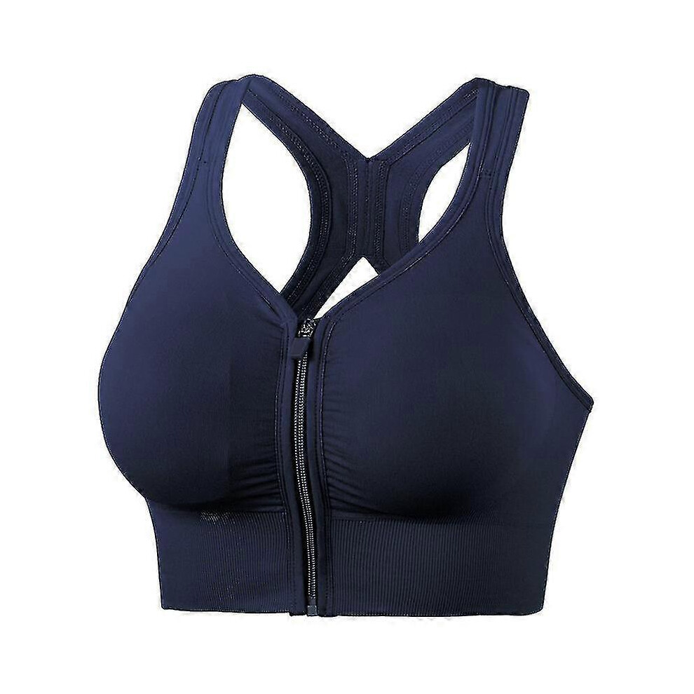 (M,Navy Blue)Women Sports Bra Front Zipper Closure Underwear Shockproof Sportswear For Running Fitness