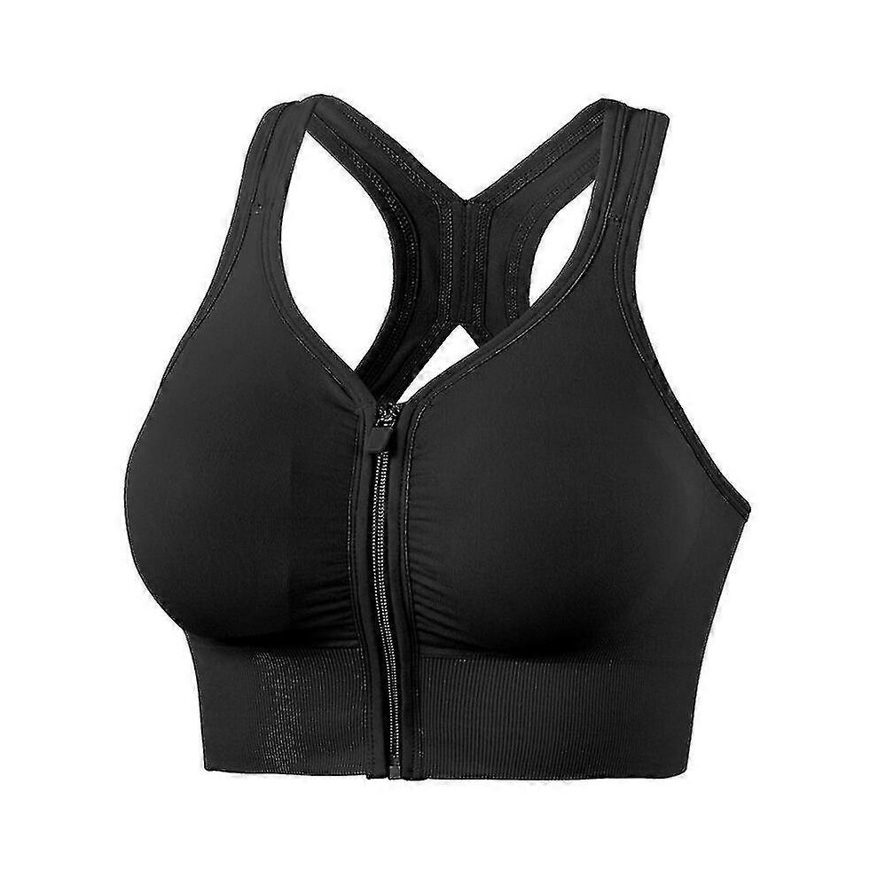 (L,Black)Women Sports Bra Front Zipper Closure Underwear Shockproof Sportswear For Running Fitness