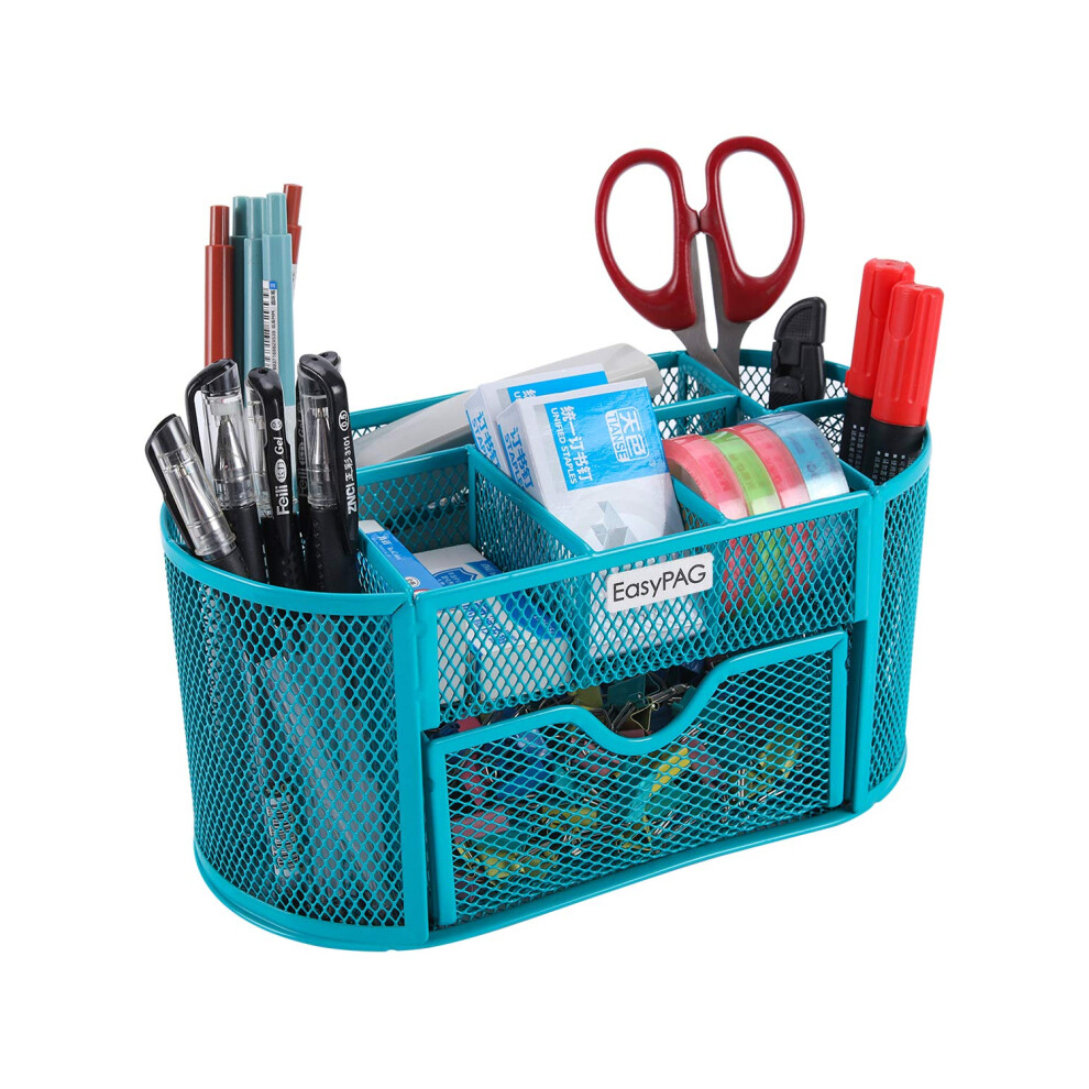 EasyPAG Desk Organizer Mesh Desktop Office Supplies Multi-functional Caddy Pen Holder Stationery with Drawer Blue-image-OPC-PFKVRWB-NEW