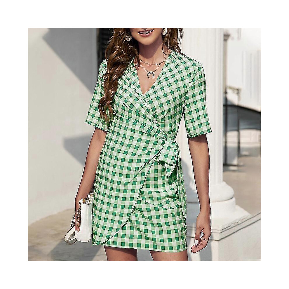 (L,Green)Robe tunique d'été décontractée pour femme Robe chemise en T à motif plaqué Mini robes courtes