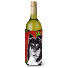 Collie alb ?i negru Fulgi de zapada ro?ii de vacan?a Sticla de vin Izolator pentru bauturi Hugger SC9750LITERK