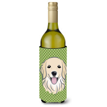 Green Checkered Golden Retriever Wine Bottle Beverage Insulator Hugger BB1137LITERK