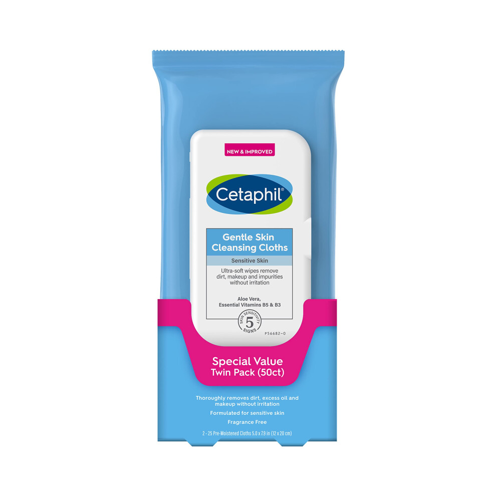Cetaphil Face and Body Wipes  Gentle Skin Cleansing Cloths  50 Count  Twin Pack  for Dry  Sensitive Skin  Flip Top Closure  Great for the Gym Travel