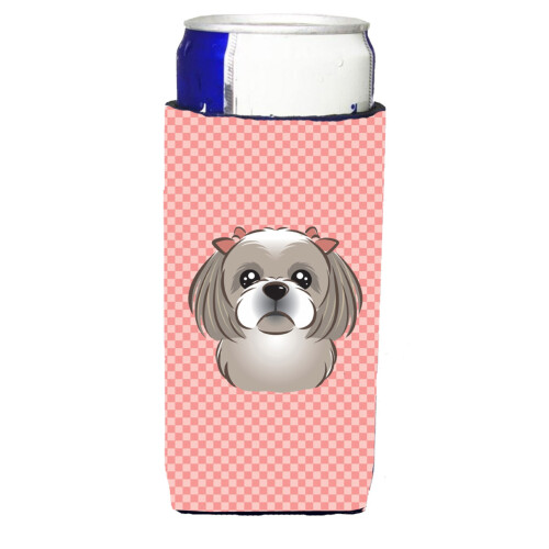Checkerboard Pink Gray Silver Shih Tzu Ultra Beverage Isolators til slanke dåser
