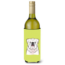 Checkerboard Lime Green White English Bulldog  Wine Bottle Beverage Insulator Hugger