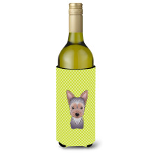 Checkerboard Lime Green Yorkie Puppy Wine Bottle Beverage Insulator Hugger BB1294LITERK