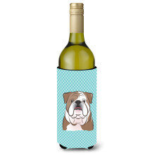 Checkerboard Blue English Bulldog Wine Bottle Beverage Insulator Hugger BB1157LITERK