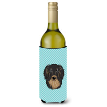 Checkerboard Blue Longhair Black and Tan Dachshund Wine Bottle Beverage Insulator Hugger
