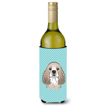 Checkerboard Blue Cocker Spaniel Wine Bottle Beverage Insulator Hugger BB1154LITERK