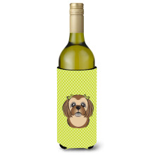 Checkerboard Lime Green Chocolate Brown Shih Tzu Wine Bottle Beverage Insulator Hugger
