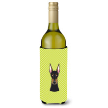 Checkerboard Lime Green Doberman Wine Bottle Beverage Insulator Hugger BB1307LITERK
