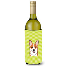 Checkerboard Lime Green Corgi Wine Bottle Beverage Insulator Hugger BB1316LITERK