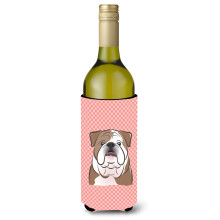 Checkerboard Pink English Bulldog Wine Bottle Beverage Insulator Hugger BB1219LITERK