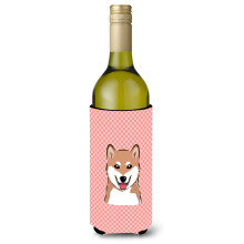 Checkerboard Pink Shiba Inu Wine Bottle Beverage Insulator Hugger BB1225LITERK