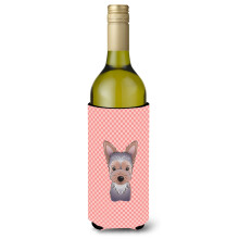 Checkerboard Pink Yorkie Puppy Wine Bottle Beverage Insulator Hugger BB1232LITERK
