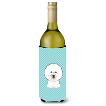 Checkerboard Blue Bichon Frise Wine Bottle Beverage Insulator Hugger BB1155LITERK