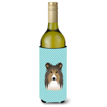 Checkerboard Blue Sheltie Wine Bottle Beverage Insulator Hugger BB1180LITERK