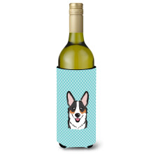Checkerboard Blue Corgi Wine Bottle Beverage Insulator Hugger BB1193LITERK