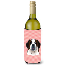 Checkerboard Pink Saint Bernard Wine Bottle Beverage Insulator Hugger BB1246LITERK