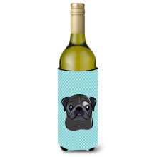 Checkerboard Blue Black Pug Wine Bottle Beverage Insulator Hugger BB1201LITERK