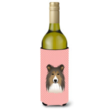 Checkerboard Pink Sheltie Wine Bottle Beverage Insulator Hugger BB1242LITERK
