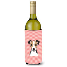 Checkerboard Pink Jack Russell Terrier Wine Bottle Beverage Insulator Hugger BB1261LITERK
