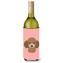 Checkerboard Pink Chocolate Brown Poodle Wine Bottle Beverage Insulator Hugger BB1256LITERK