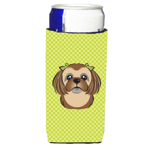 Checkerboard Lime Green Chocolate Shih Tzu Ultra Beverage Isolators til slanke dåser