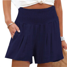 Women Summer Shorts Casual Workout Elastic Waist Shirred Shorts with Pocket for Running Fitness L