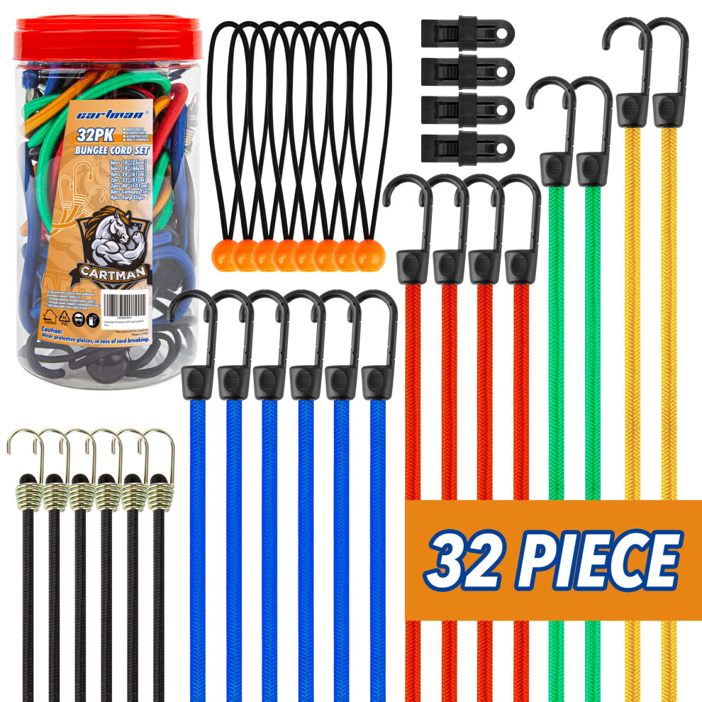 Cartman 32 Piece Bungee Cords Assortment Jar Includes 10 18 24 32 40 Bungee Cord With Hooks 8 Canopy Tarp Ball Ties And Tarp Clips 702411639304