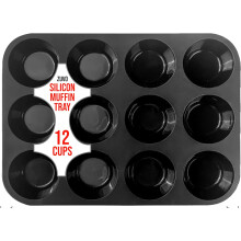 Zuvo Silicon Muffin Tray 12 Cups - Non Stick Black Baking Mold for Cupcakes and Brownies (23x31cm) - Perfect Baking Tray