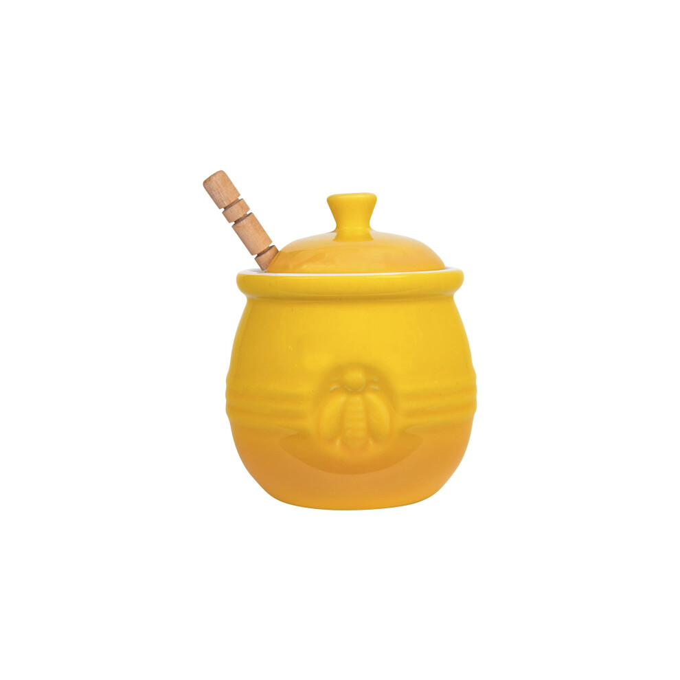 Creative Co-Op Farmhouse Embossed Stoneware Honey Pot with Wood Honey Dipper Yellow