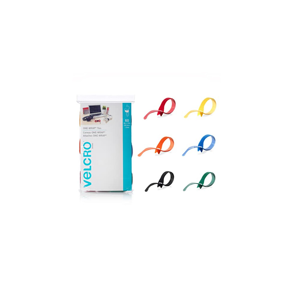 VELCRO Brand ONE-WRAP Cable Ties | 60Pk | 8 x 1/2 Straps  Multicolor | Strong Reusable Wire Management | Cord Bundling for Home Office and Data Center