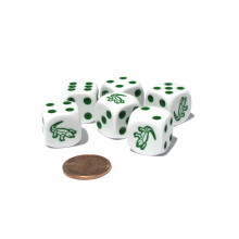 Juego de 6 Dados de Cocodrilo 16mm D6 con Bordes Redondeados - Blancos con Pips Verdes