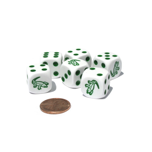 Ensemble de 6 dés animaux Alligator 16mm D6 à bords arrondis - Blanc avec points verts