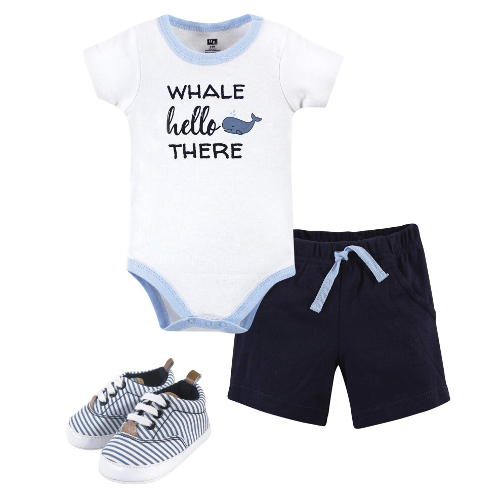 Conjunto De Body, Pantalones Cortos Y Zapatos De Algod?N Unisex Para Beb? Hudson Baby Whale Hello 9-12 Meses-image