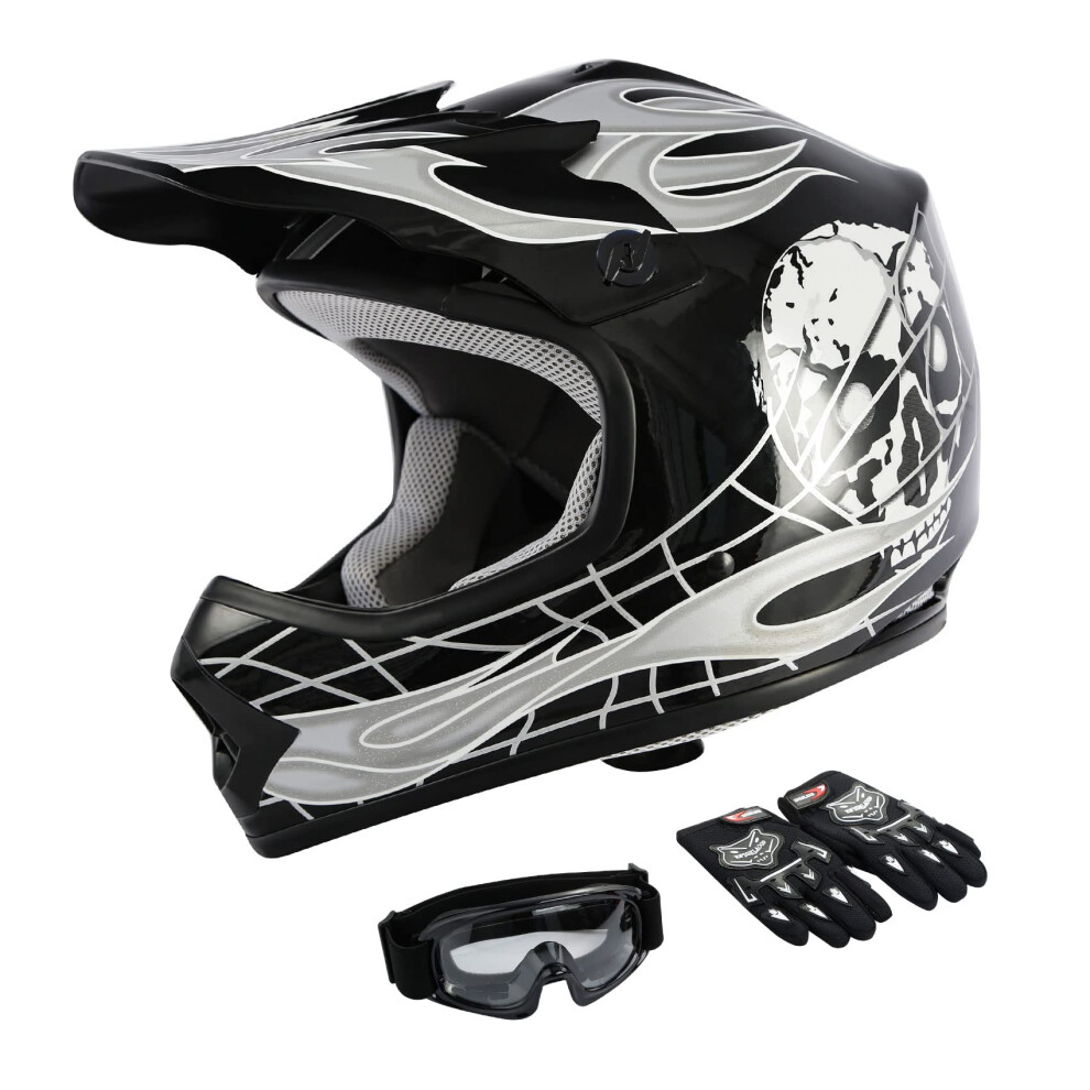 TCMT Dot Youth & Kids Motocross Offroad Street Helmet Black Skull Motorcycle Youth Helmet Dirt Bike Motocross ATV Helmet+Goggles+Gloves M