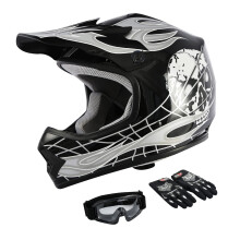 TCMT Dot Jeugd & Kinderen Motocross Offroad Straat Zwarte Schedel Motorfiets Jeugdhelm Crossmotor Motocross ATV Helm + Bril + Handschoenen S