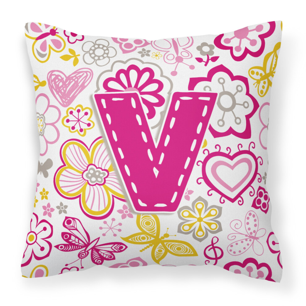 Caroline's Treasures CJ2005-VPW1414 Dekoratives Kissen Mit Buchstabe V, Blumen Und Schmetterlingen, Rosa, Gro , Mehrfarbig-image
