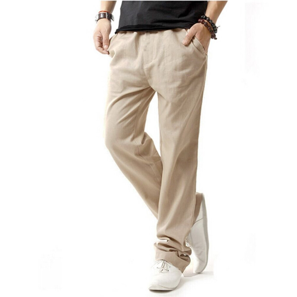 HOEREV Men casual Beach Trousers linen Summer Pants  Beige  Small
