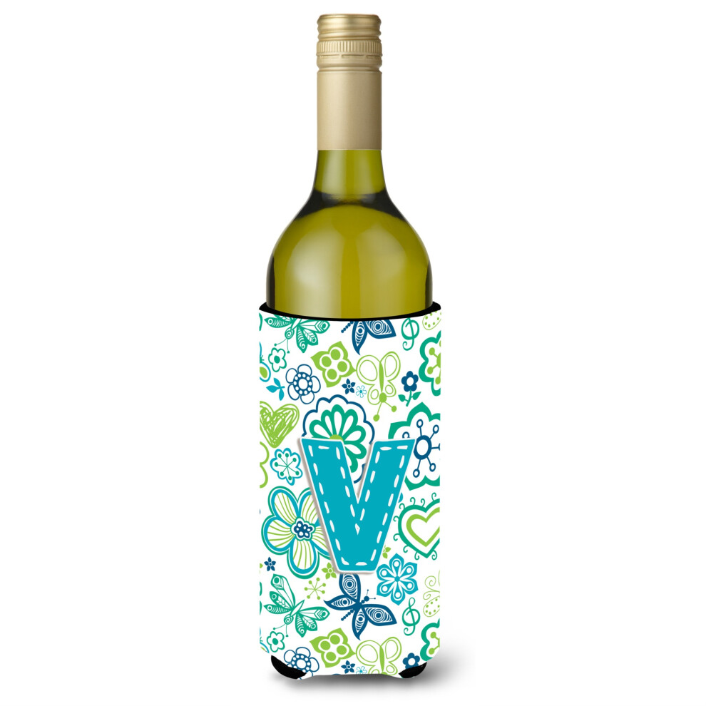 Litera V Kwiaty I Motyle Turkusowa Niebieska Butelka Do Wina Izolator Hugger Cj2006-Vliterk-image