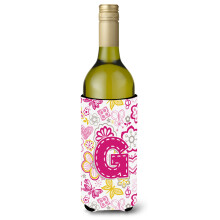 Letter G Bloemen en vlinders Roze wijnfles Drankisolator Hugger CJ2005-GLITERK