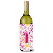 Letter I Bloemen en vlinders Roze wijnfles Drankisolator Hugger CJ2005-ILITERK